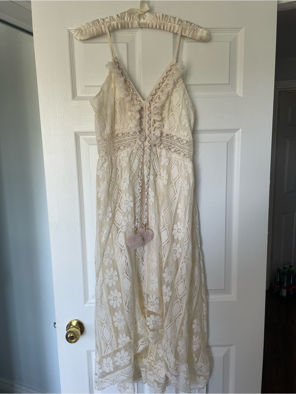 Cupshe Cream Lace Maxi Dress with Pom Pom Ties